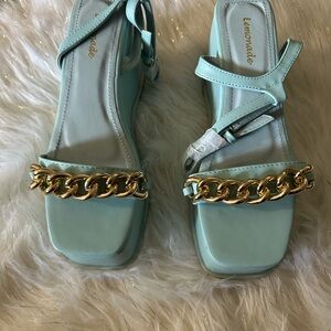 Lemon Aqua Sandals with Gold Chain Accent